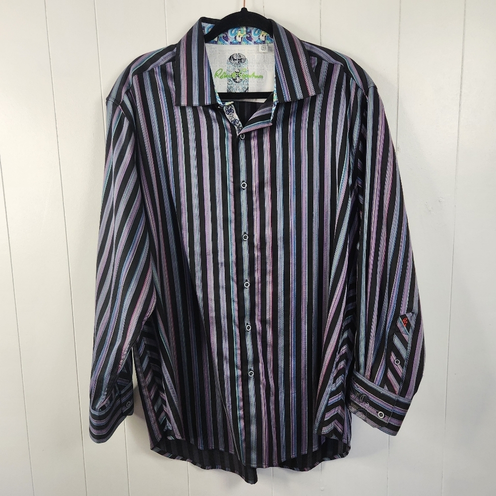 Robert Graham Shirt Mens Size 2XL Long Sleeve Black Purple Stripe Paisley Cuffs - Picture 11 of 11